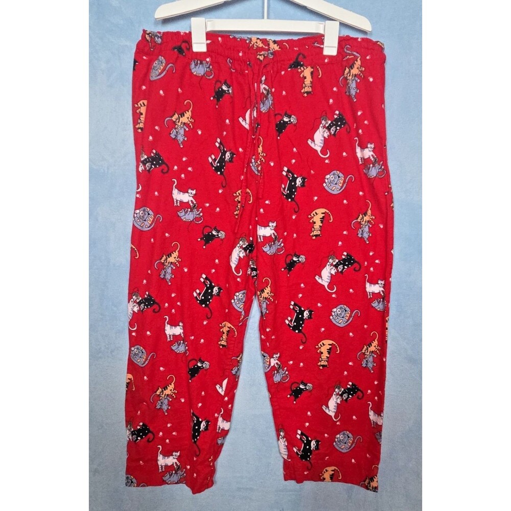 NEW LA CERA 100% COTTON FLANNEL PAJAMA SET CAT PRINT RED PLUS SIZE 1X KITTY PJS - Picture 11 of 15